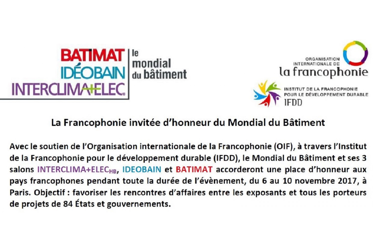 La Francophonie invitée d’honneur du Mondial du Bâtiment
